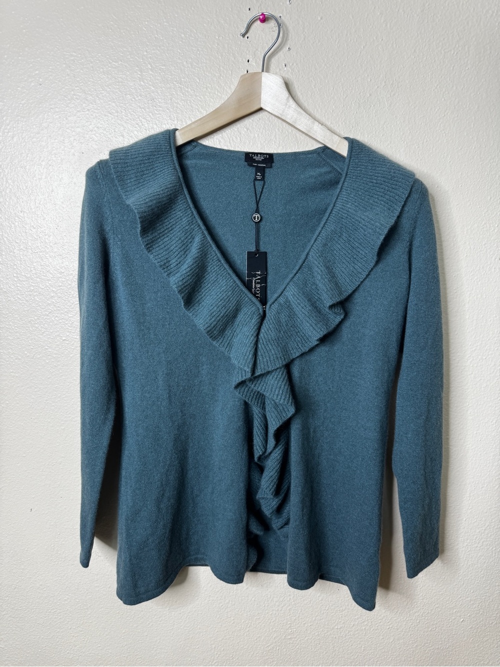 Talbots Petite 100% Pure Cashmere Ruffle Cardigan Teal Blue Medium Petite NWT